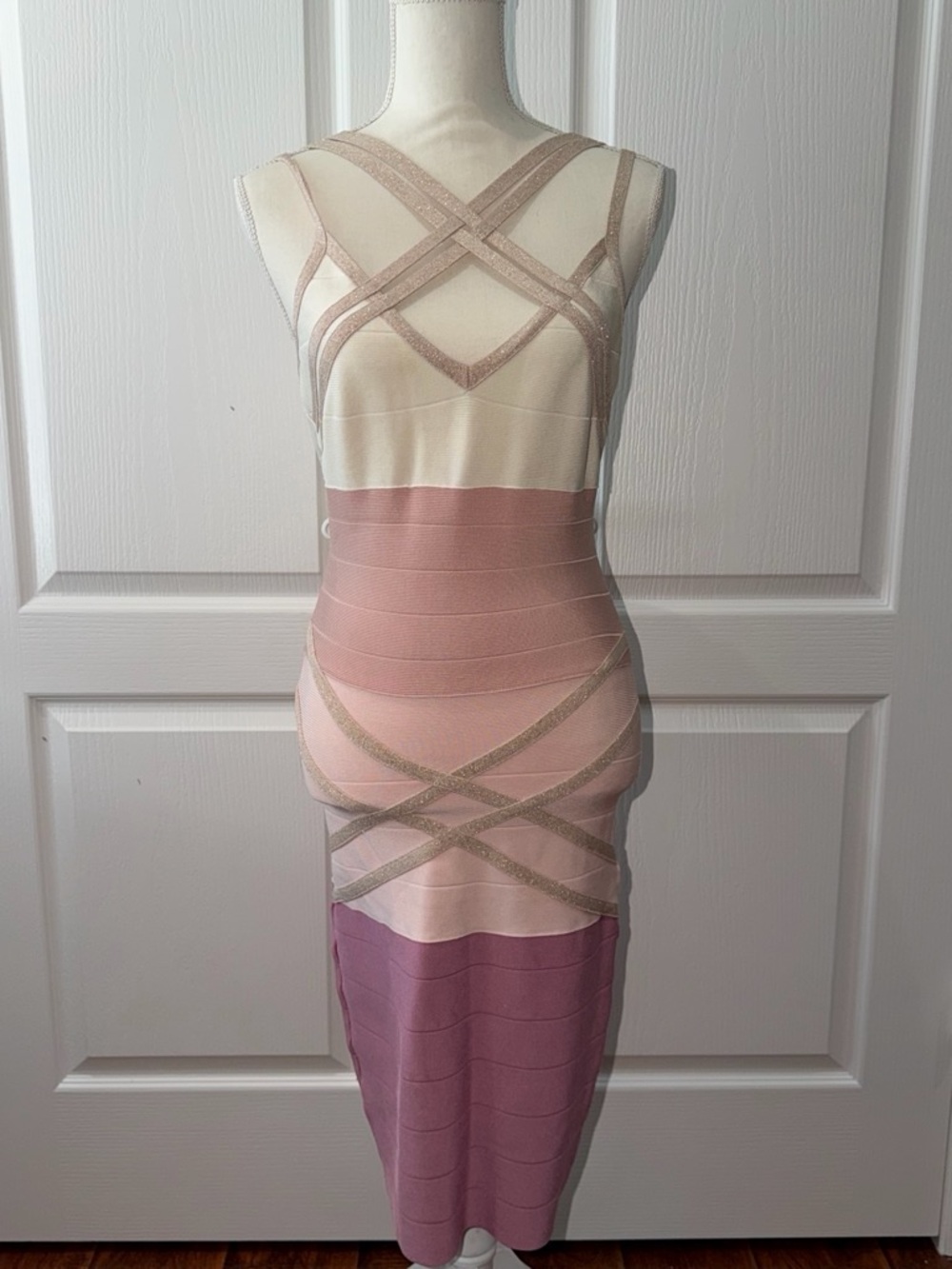 bebe Pink, Cream and Mauve Colorblock Bandage Midi Dress